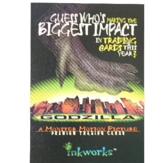 A single Godzilla trading card from the Godzilla Minus One movie, featuring a large dinosaur-like creature on a black background with green and yellow gradient accents and stylized text.