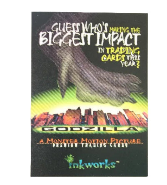 A single Godzilla trading card from the Godzilla Minus One movie, featuring a large dinosaur-like creature on a black background with green and yellow gradient accents and stylized text.