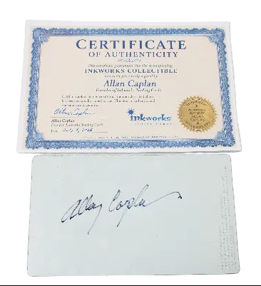 A Certificate of Authenticity for Allan Caplan from Inkworks Collectible, displayed above an autographed card with a blue ink signature on a white background.