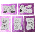Five custom cartoon art cards featuring Scooby-Doo characters like Shaggy and Scooby, each with a purple patterned border and black line art on a black background.