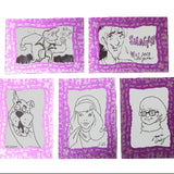 Five custom cartoon art cards featuring Scooby-Doo characters like Shaggy and Scooby, each with a purple patterned border and black line art on a black background.