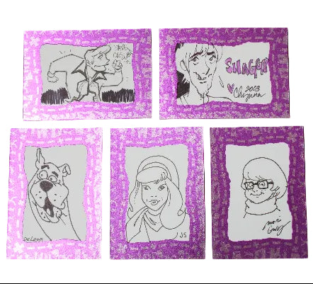 Five custom cartoon art cards featuring Scooby-Doo characters like Shaggy and Scooby, each with a purple patterned border and black line art on a black background.
