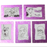 Five custom cartoon art cards featuring Scooby-Doo characters like Shaggy and Scooby, each with a purple patterned border and black line art on a black background.