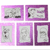 Five custom cartoon art cards featuring Scooby-Doo characters like Shaggy and Scooby, each with a purple patterned border and black line art on a black background.