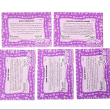 Five purple and white Scooby-Doo! trivia cards arranged on a dark gray background, showing both front and back designs.