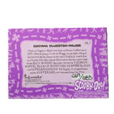 A collectible Swynna Clueston-Major 'Scooby-Doo!' trading card back, featuring a purple and white design with character details and the Inkworks logo, photographed on a dark textured surface.