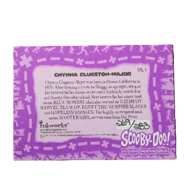 A collectible Swynna Clueston-Major 'Scooby-Doo!' trading card back, featuring a purple and white design with character details and the Inkworks logo, photographed on a dark textured surface.