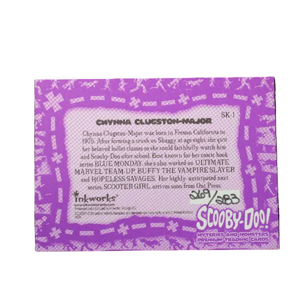 A collectible Swynna Clueston-Major 'Scooby-Doo!' trading card back, featuring a purple and white design with character details and the Inkworks logo, photographed on a dark textured surface.