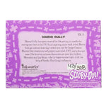 A collectible trading card featuring Mario Gully from Scooby-Doo! on a dark textured background. The card has a purple and white border with pink decorative accents, containing character and production details.