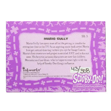 A collectible trading card featuring Mario Gully from Scooby-Doo! on a dark textured background. The card has a purple and white border with pink decorative accents, containing character and production details.