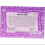 A collectible retro movie trading card for 'Scooby-Doo!' featuring a purple and white design with character and actor details, displayed on a dark textured background.