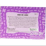 A collectible retro movie trading card for 'Scooby-Doo!' featuring a purple and white design with character and actor details, displayed on a dark textured background.