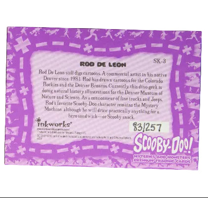 A collectible retro movie trading card for 'Scooby-Doo!' featuring a purple and white design with character and actor details, displayed on a dark textured background.