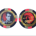 Two round James Bond 007 themed poker chips displayed side-by-side on a dark textured background. The left chip features a portrait of Sean Patrick O'Neal as Bond with a red background and gold text reading 'Casino for No.