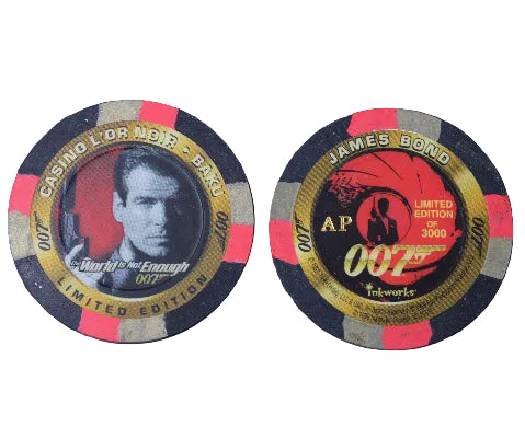 Two round James Bond 007 themed poker chips displayed side-by-side on a dark textured background. The left chip features a portrait of Sean Patrick O'Neal as Bond with a red background and gold text reading 'Casino for No.