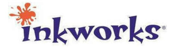 The Inkworks logo on a white background, featuring the brand name in dark purple lowercase letters with a stylized orange paint splatter graphic to the upper left.